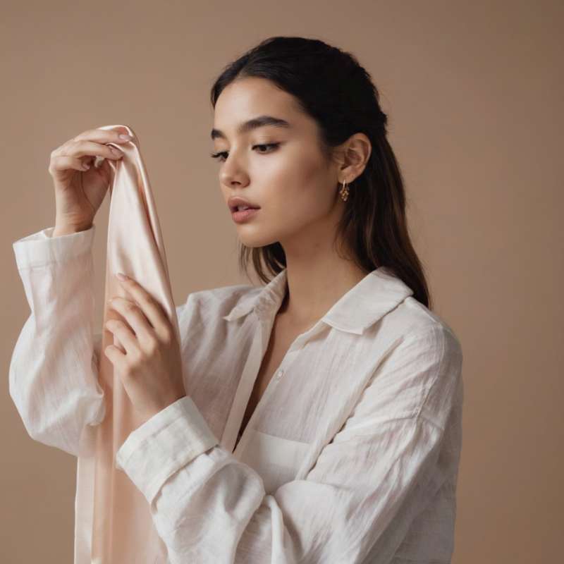 Woman examining a glossy satin fabric with uncertainty, highlighting confusion around whether satin is polyester or real silk.