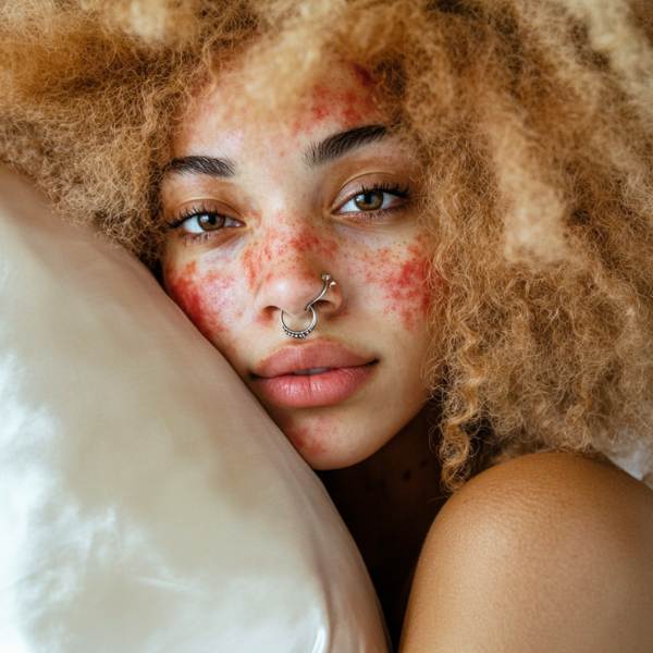 Woman with rosacea symptoms resting her sensitive skin on a satin pillowcase
