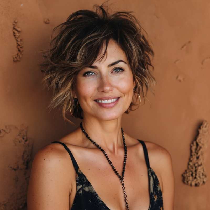 Smiling woman with short layered brunette haircut and side-swept bangs, showcasing a trendy textured crop for 2025.