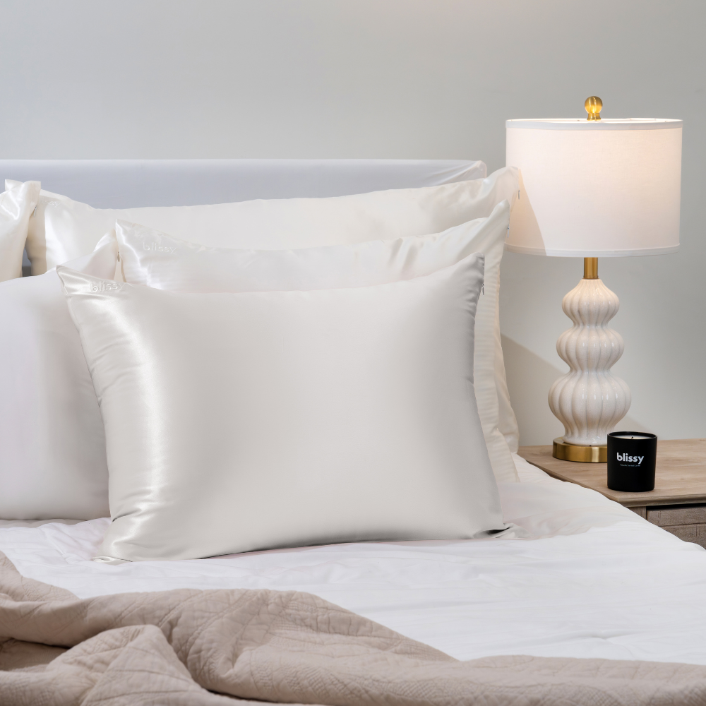 Blissy Standard White Pillowcase Lifestyle – Mulberry Silk