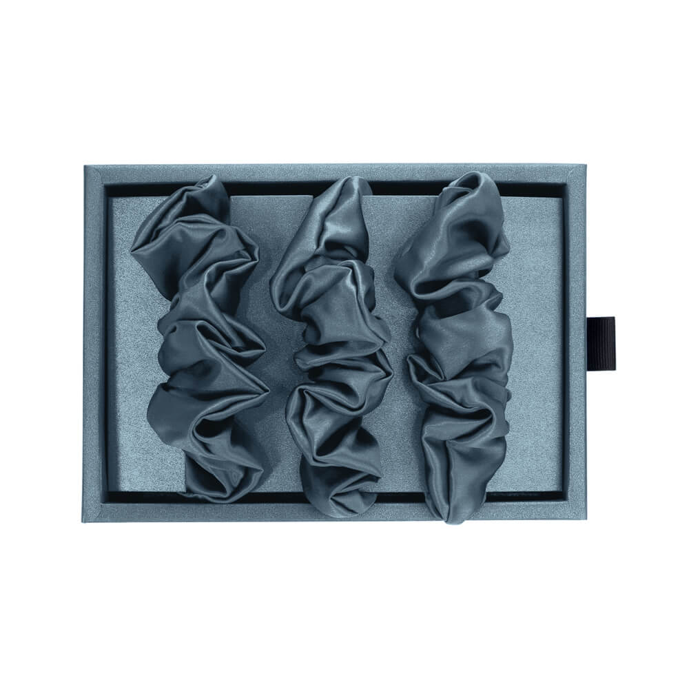 Ash Blue Blissy Scrunchies Close-Up – Blissy 22 Momme Silk
