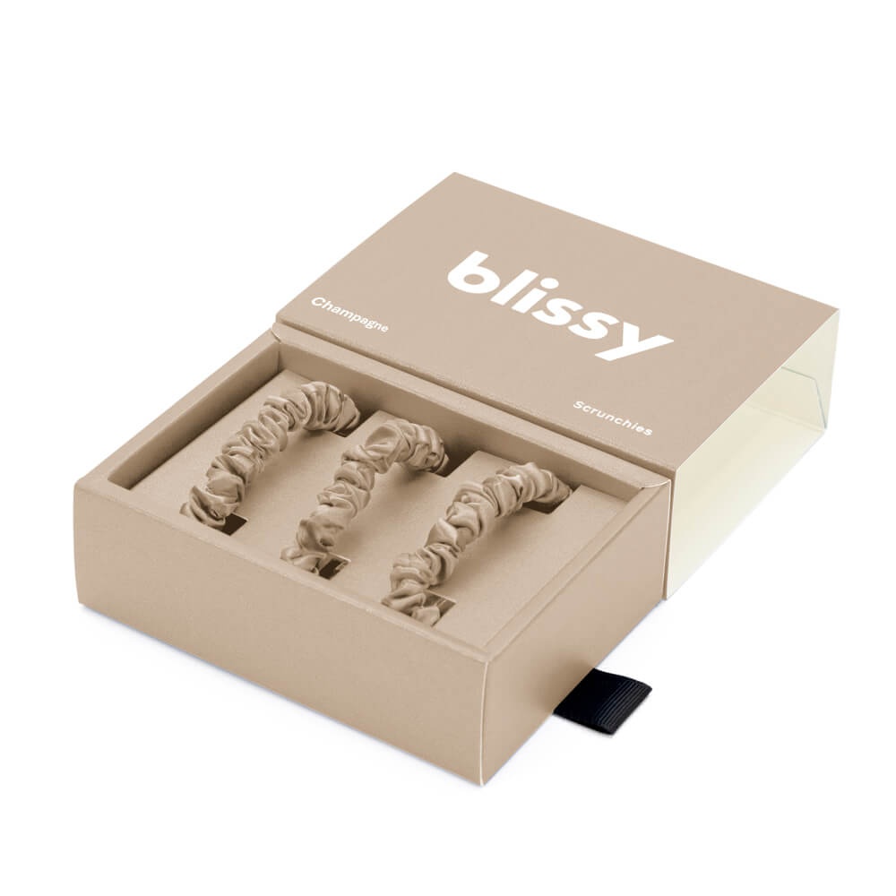 100% Mulberry Silk Hair Ties Blissy Silk Skinny Scrunchies (3-Pack) Close-Up – Blissy 22 Momme Silk