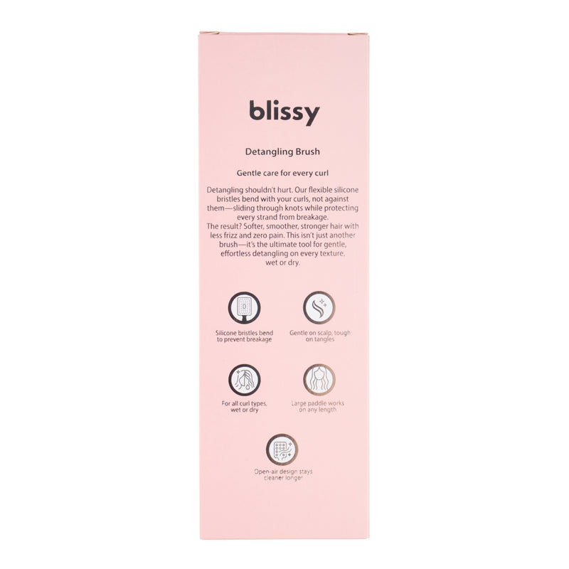 Blissy detangling brush packaging with text on a white background