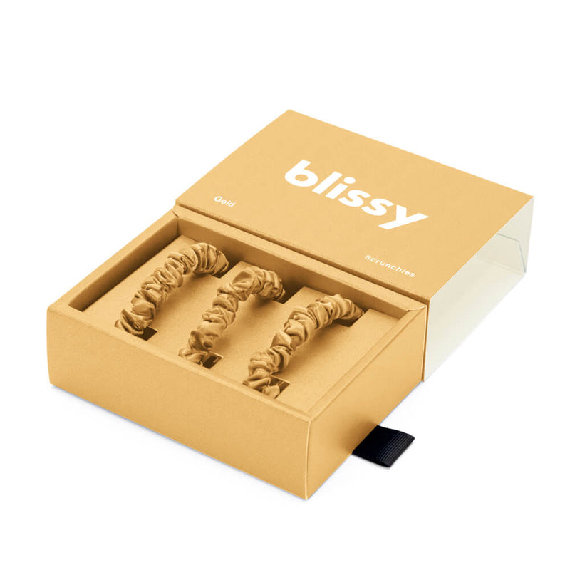 Blissy Skinny Scrunchies - Gold - Blissy Gold Blissy Skinny Scrunchies – 22 Momme Mulberry Silk, 100% Silk