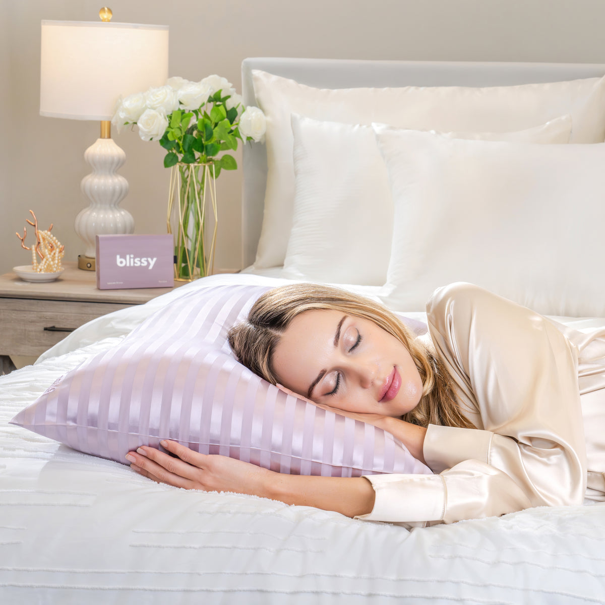 Blissy Lavender Striped Silk Pillowcase Detail – Standard