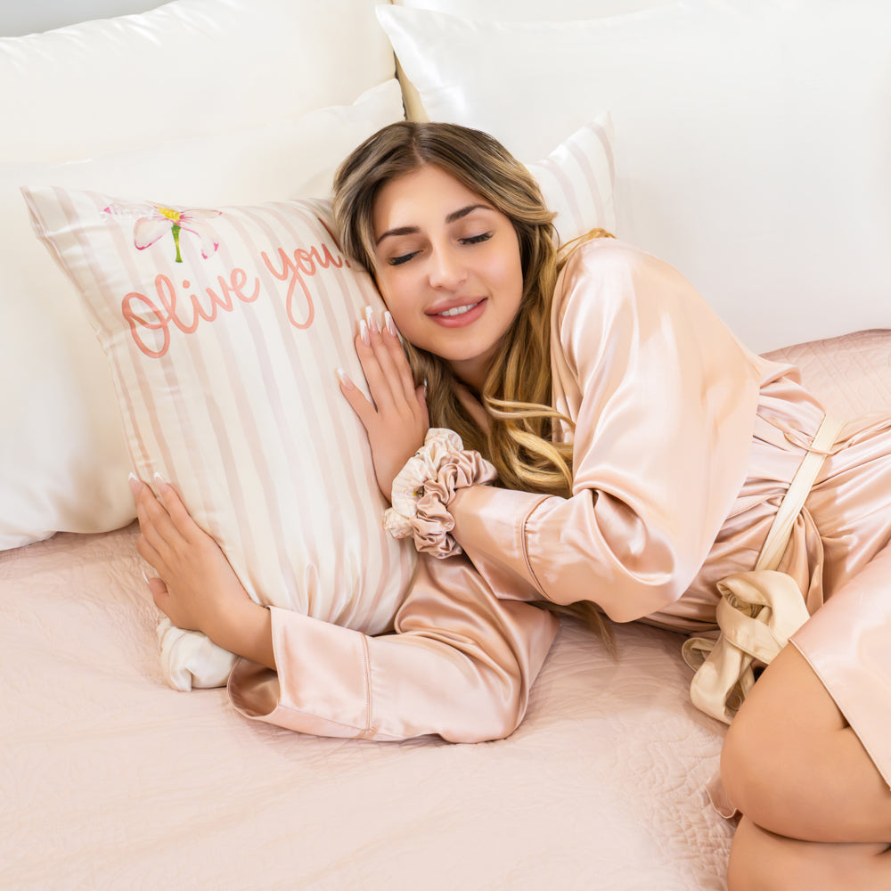 Olive You Pillowcase Close-Up – Blissy 22 Momme Silk
