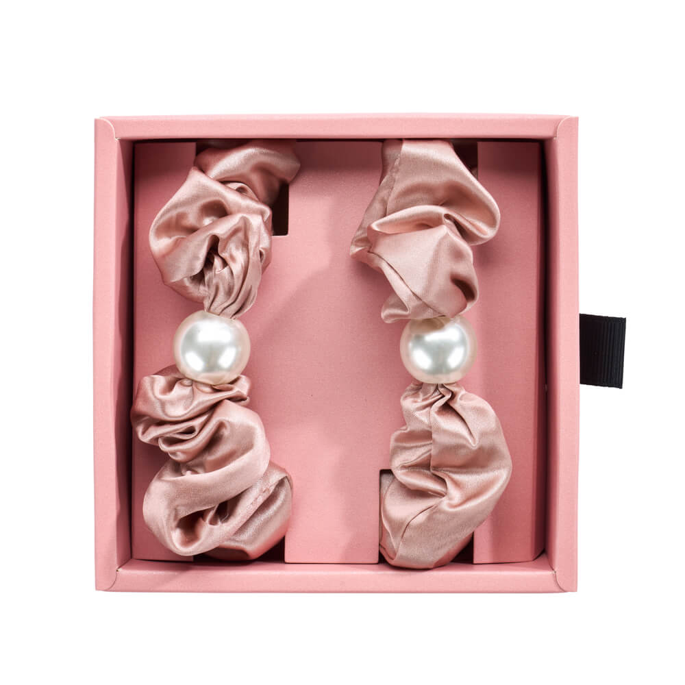 Rose Gold Blissy Pearl Scrunchies Close-Up – Blissy 22 Momme Silk