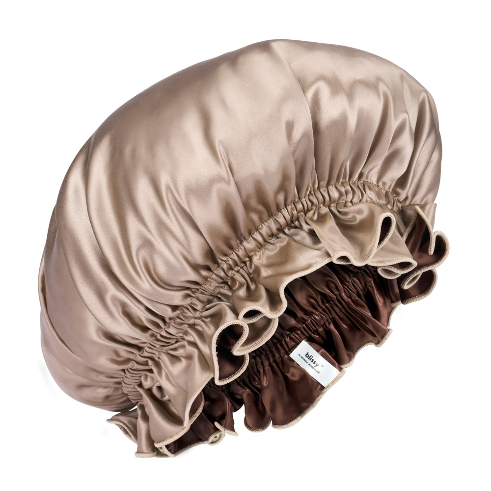 Blissy Taupe/Chocolate Ruffle Bonnet – 22 Momme Mulberry Silk, 100% Silk