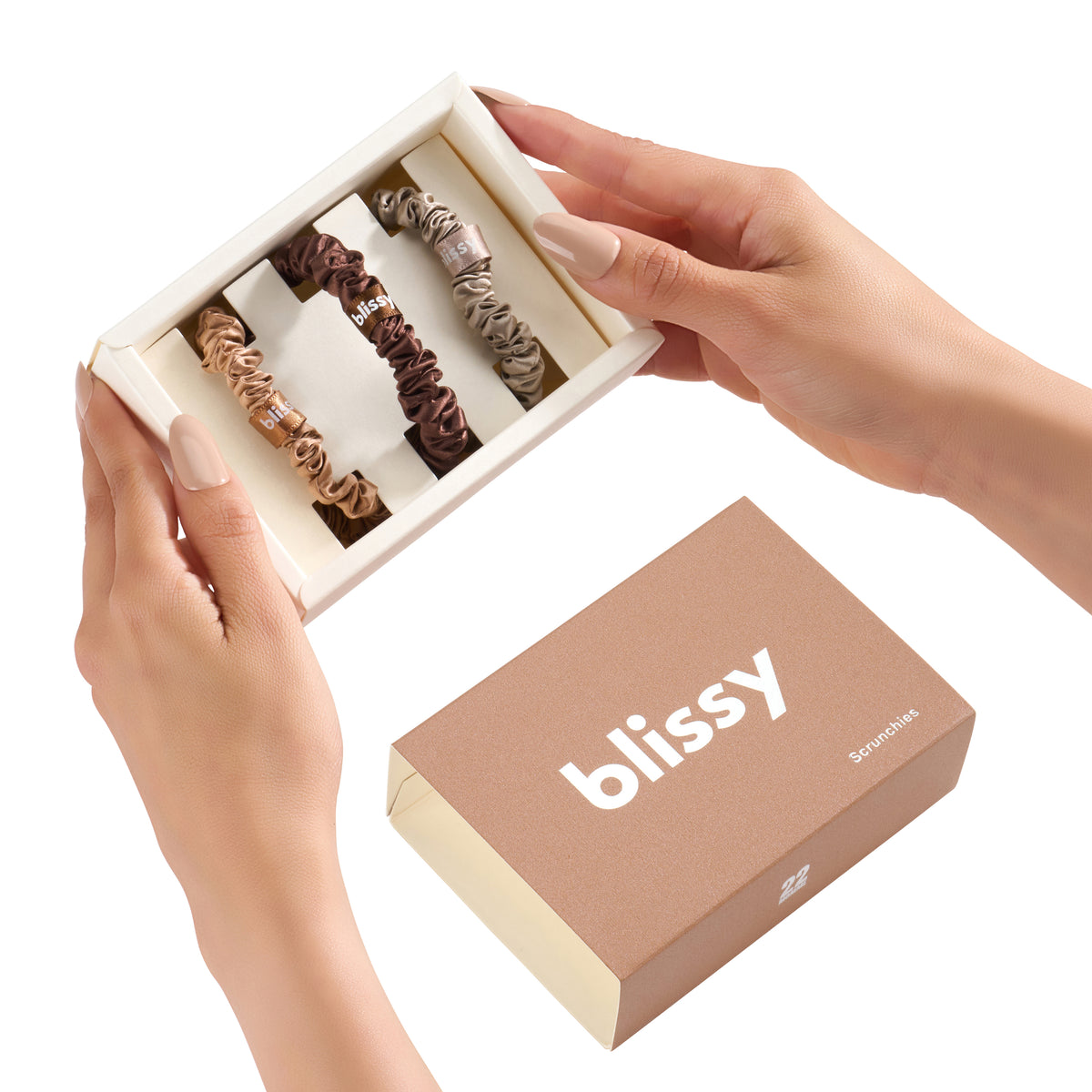 Blissy Taupe, Cinnamon, Brown Silk Blissy Skinny Scrunchies Detail –