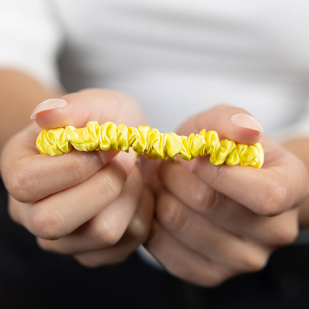 Sunshine Yellow Blissy Skinny Scrunchies Close-Up – Blissy 22 Momme Silk