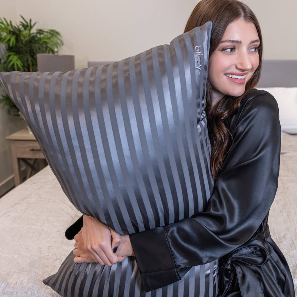 Blissy Grey Striped Silk Pillowcase Detail – Queen