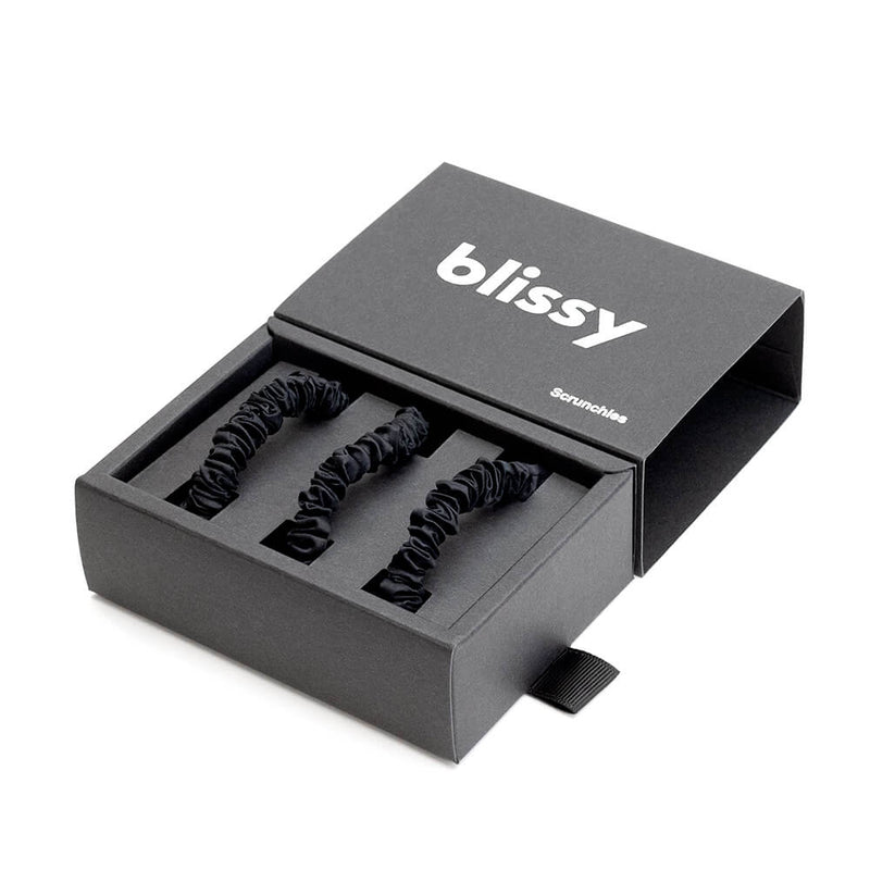Blissy Skinny Scrunchies - Black - Blissy 100% Mulberry Silk Hair Ties Blissy Silk Skinny Scrunchies (3-Pack) Lifestyle – Mulberry Silk