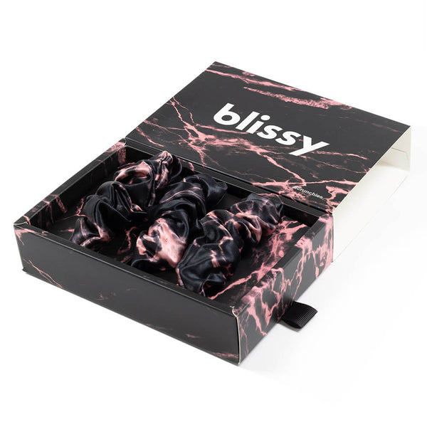 Blissy Rose Black Marble Blissy Scrunchies – 22 Momme Mulberry Silk, 100% Silk
