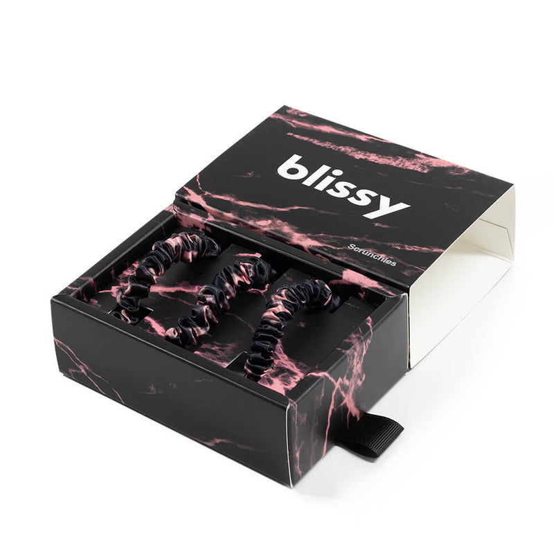 Blissy Skinny Scrunchies - Rose Black Marble - Blissy Rose Black Marble Blissy Skinny Scrunchies – 22 Momme Mulberry Silk, 100% Silk