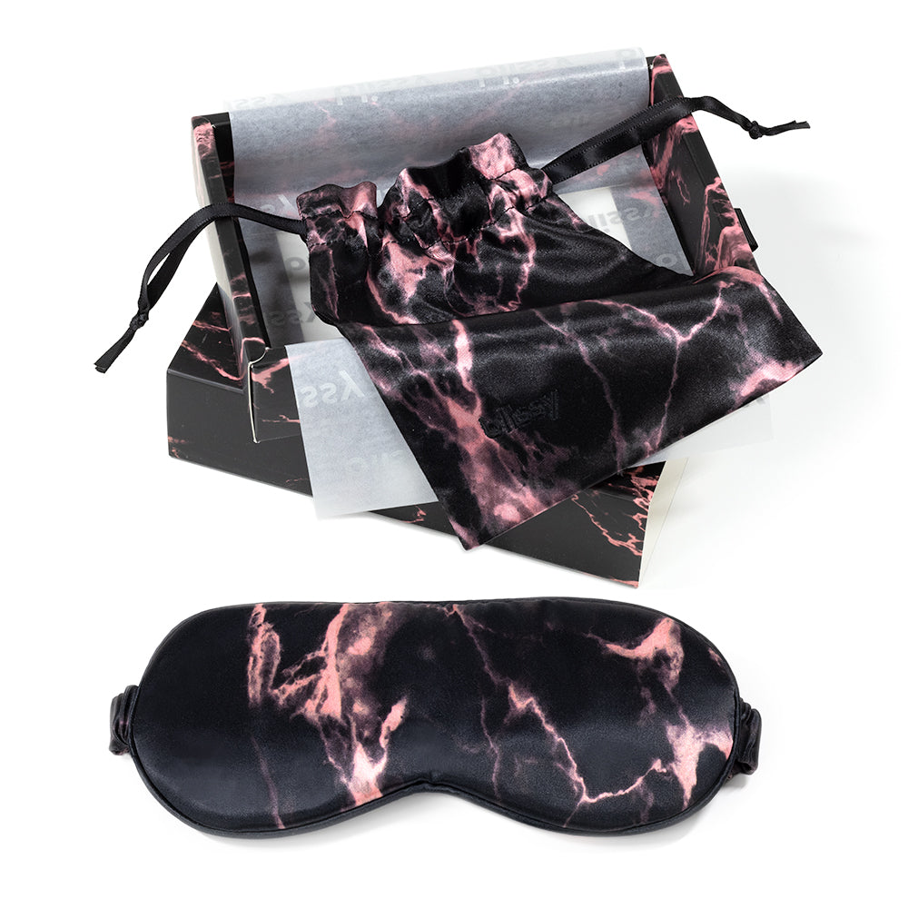 Rose Black Marble Sleep Mask Close-Up – Blissy 22 Momme Silk