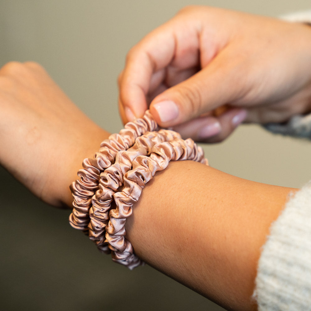 Rose Gold Blissy Skinny Scrunchies Close-Up – Blissy 22 Momme Silk