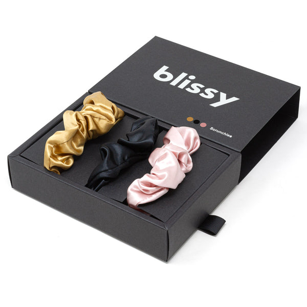 Blissy Black, Gold, Pink Blissy Scrunchies – 22 Momme Mulberry Silk, 100% Silk