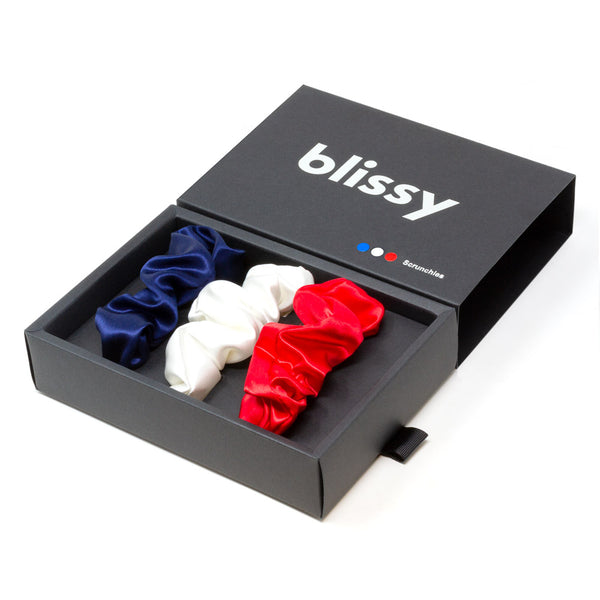 Blissy Red, White, Blue Blissy Scrunchies – 22 Momme Mulberry Silk, 100% Silk